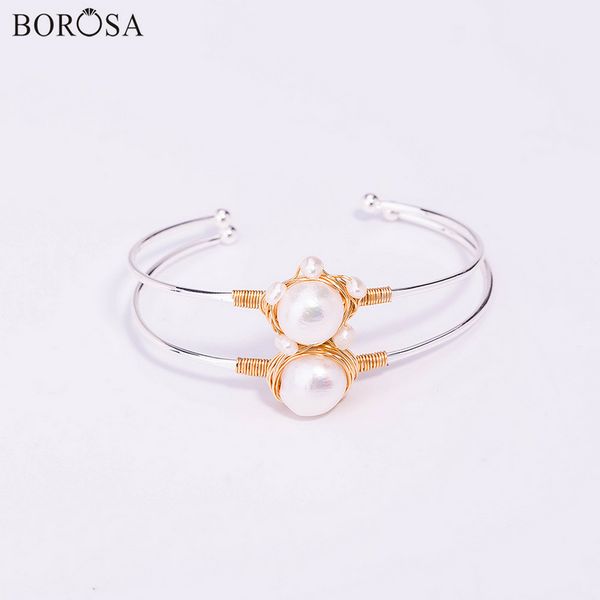 

fashion gold wire natural pearl charms bangles bracelet silver plated handmade white pearl adjustable bangle for women wx1696, Black