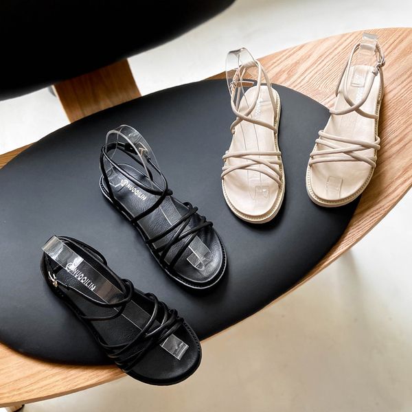 

deat 2020 new summer fashion sandals shoes flat bottom shallow one character thick bottom roman thin belt black se600