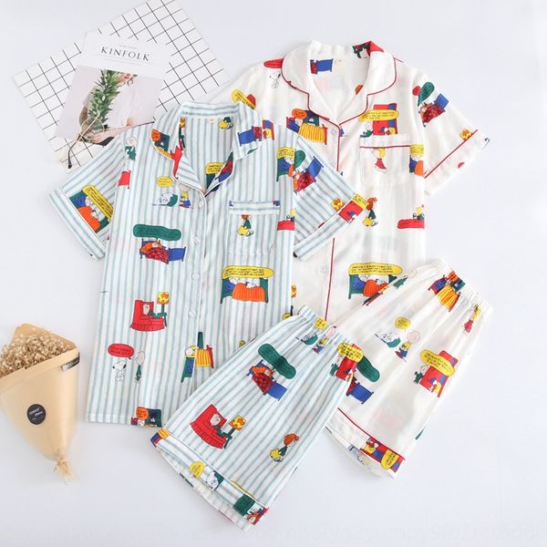 

new short-sleeved home clothes shorts and shorts women's sleeping suit pure cotton gauze cartoon home clothes shipment, Blue;red
