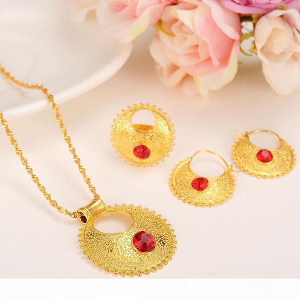 

r ethiopian set jewelry pendant earrings ring bangle 18k solid gold gf fine cz red africa bride wedding eritrea party gift, Black