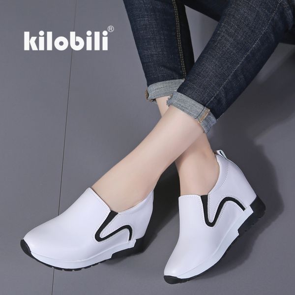 

kilobili 2020 autumn women sneakers shoes platform sneakers women genuine leather casual shoes slip on creepers walking, Black