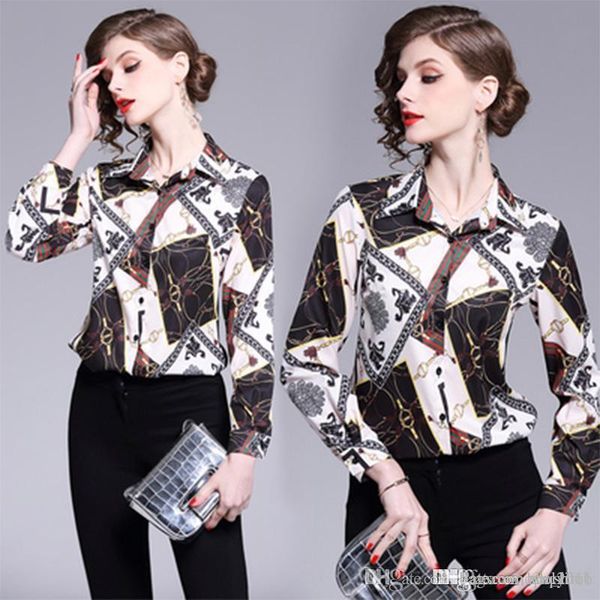 

women's shirt casual hepburn wind summer fashion shirt print polo collar print slim long sleeve joker long sleeve button shirt e8, White