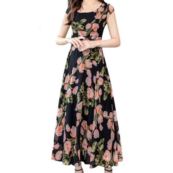 

2020 women fashion dress summer elegant o neck dress short sleeved loose flower print dress plus size, Black;gray