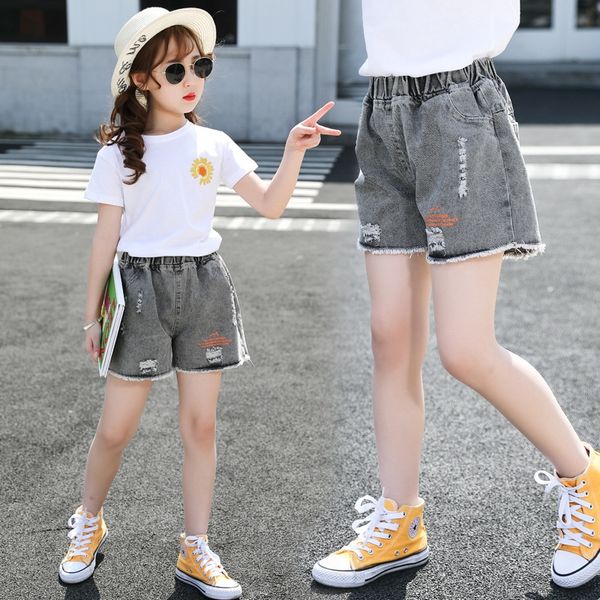 

2020 girl's new letter hole shorts big children's korean style thin and shorts and jeans outside jeans pants, Blue