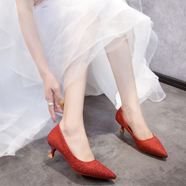 

свадебная toe pumps остроконечные женщины блесток на низком каблуке темперамент элегантный невесты блеск низкий каблук обувь женщины red gol, Black