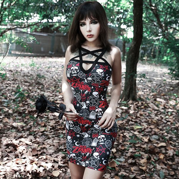 

pentagram выдалбливают sexy готический платье halloween череп rose printed bodycon mini party lady dress harajuku streetwear, Black;gray