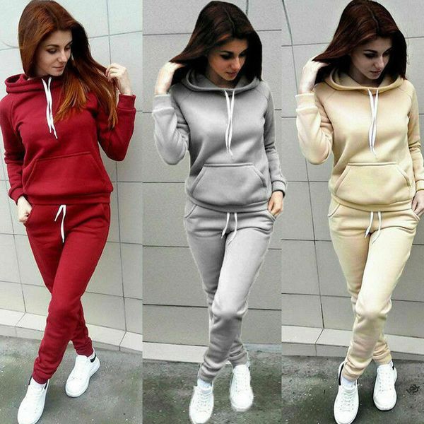 

2020 autumn winter 2 piece set women hoodie pants tracksuit pullover sweatshirt trousers with pockets tracksuit suits, White