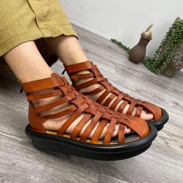 

yourseason women weave heighten platform sandals genuine leather 2020 new summer handmade ladies retro zip casual shoes, Black