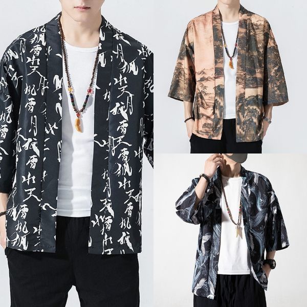 

chinese style linen tang suit men's cloak coat loose thin kimono seven-quarter sleeve chinese clothing cloak coat men's clothing, Black;brown