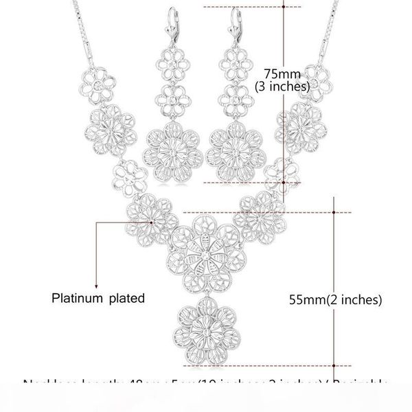 

gold long drop earrings for women 18k real gold plated platinum plated hollow flower vintage necklaces earrings set, Silver