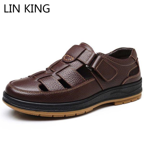 

lin king new leisure sandals for men hollow out genuine leather business shoes soft sole summer outside footwear shoes for male mx200617, Black