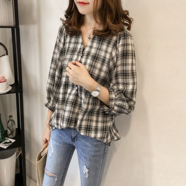 

осень 2020 новый корейский стиль свободный фонарь рукав клетчатой ​​shirtlantern shirtwomen всплыло рукав рубашки случайные рубашки, White