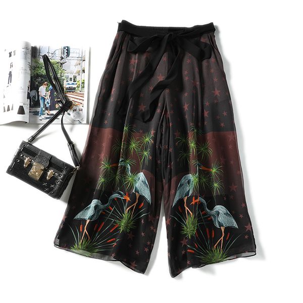 

women trousers thin elegant silk back elastic high waist wide-legged restoring ancient ways leisure printing womens pants, Black;white