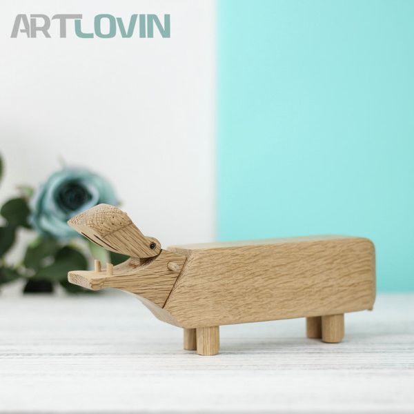 Nordic Natural Oak Wood Hippo Figurine Decorazioni per la stanza Giocattoli per bambini e regali Forniture per ufficio Portapenne Decorazioni per la casa Ornamenti T200710