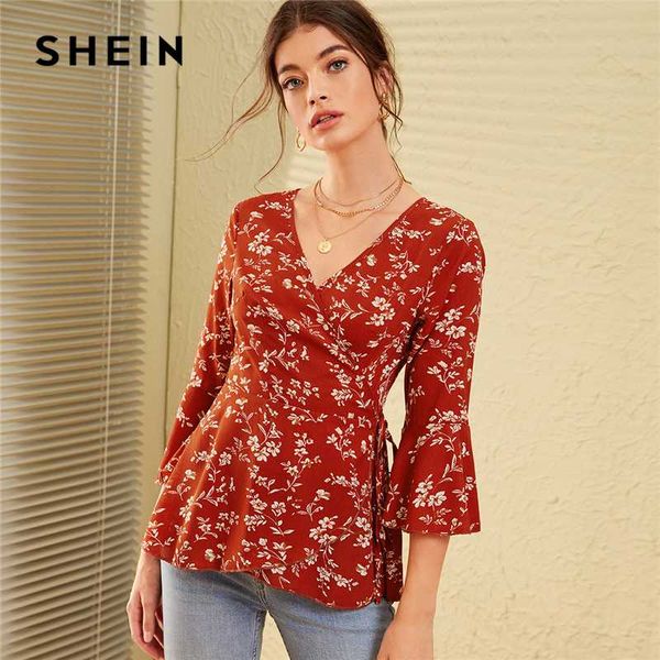 

shein v neck ditsy floral print knot side boho wrap blouse women 2020 autumn holiday flounce sleeve ladies fitted blouses, White