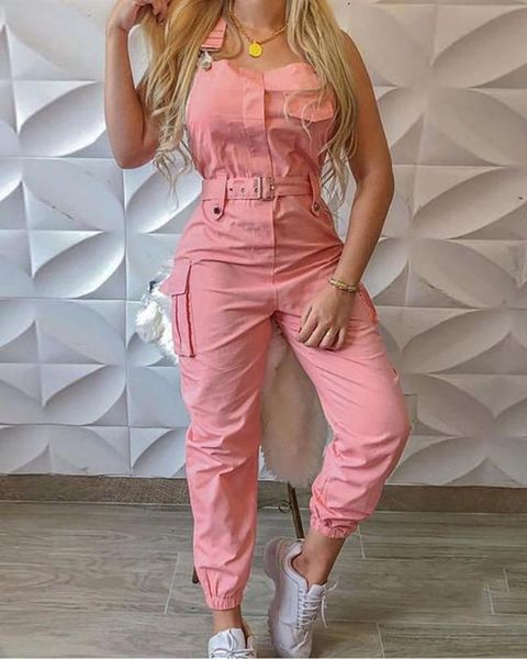 

2020 solid spaghetti strap jumpsuit women strapless pockets design cargo suspender overalls rompers chic streetwear, Black;white