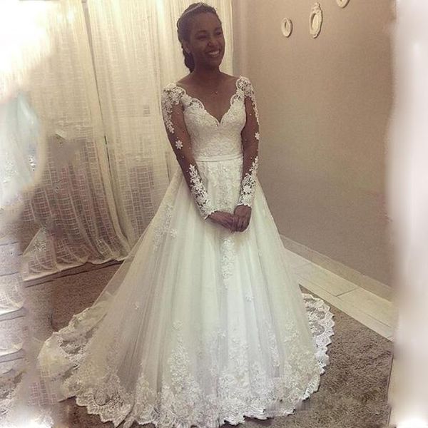 

setwell v-neck a-line wedding dresses long sleeves floor length lace appliques pleated bridal gowns with bow, White