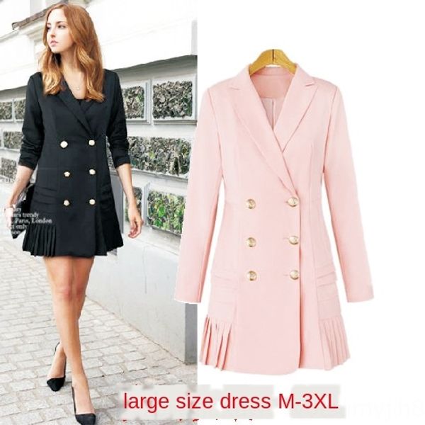 

new large size body pants jump pants women's lapel long sleeve double-breasted pleated hem jumpsuit mid-length suit 1118#, Tan;black