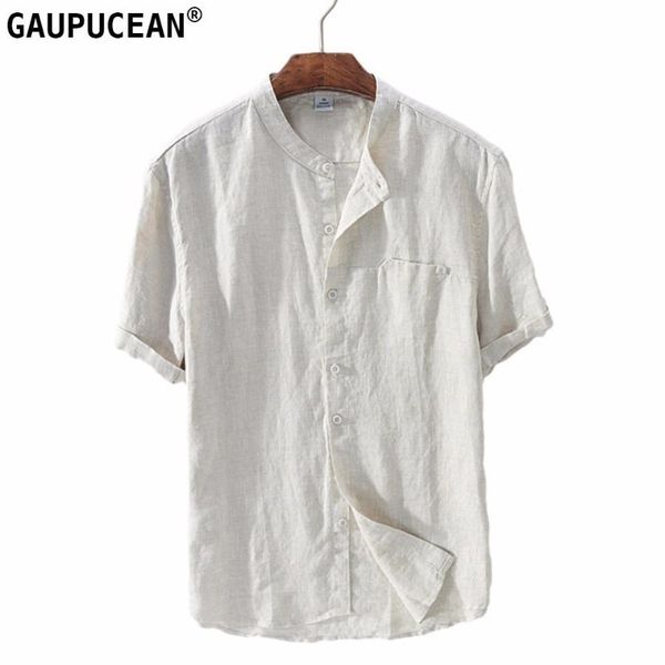 

men casual shirt 100% linen breathable anti-static blue white khaki flax cool quality linum solid summer short sleeve man shirts, White;black