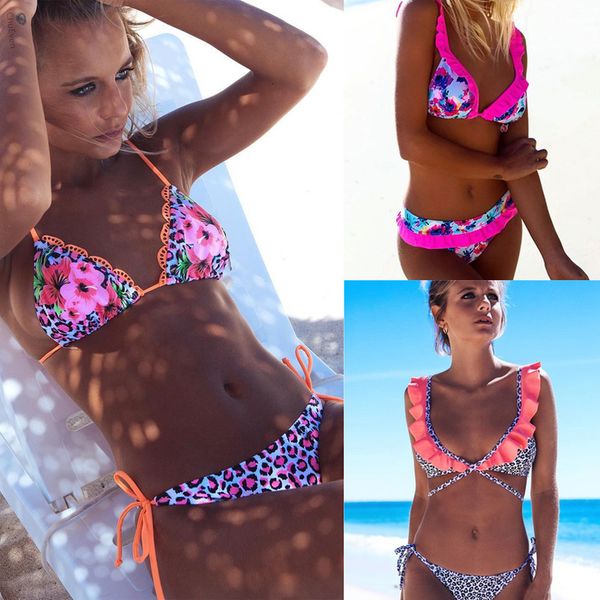 

ruffle bikini set 2020 summer padded printed floral push up swimsuit women bandeau female leopard bathing suit biquini, White;black