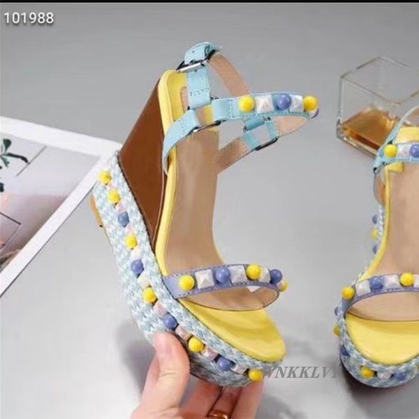 

sandals female platform wedge high heel summer 2020 ankle strap colorful pearled rivets decor shoes girls sandalias feminina, Black