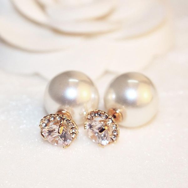 

double side imitation pearl earrings stud fashion rhinestone earing elegant jewelry accessories, Golden;silver