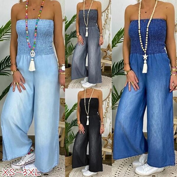 

women summer casual full length denim jeans jumpsuits strapless elastic waist wide leg long jumpsuits and rompers jean play, Black;white