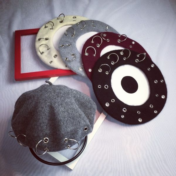 

female korean british ring painter beret painter hat personalized iron ring beret female season breathable woolen hat, Blue;gray
