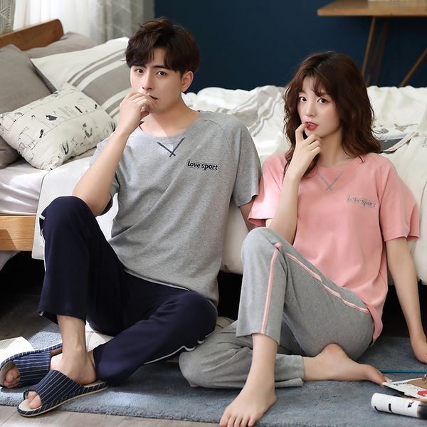 

new couple's pajamas summer cotton short-sleeved trousers home wear pants pullover home pullover women's summer cute cotton suit o, Blue;red