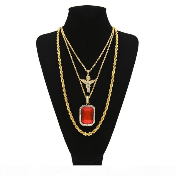 

men's hip hop jewelry set 30" long rope chain iced out full rhinestone angel with square red crystal pendant necklace 3 set, Silver