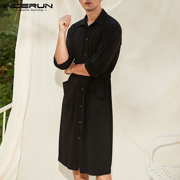 

incerun fashion sleepwear robes men long sleeve lapel shirts homewear baggy solid color sleep robe leisure buttons bathrobes 5xl, Black;brown