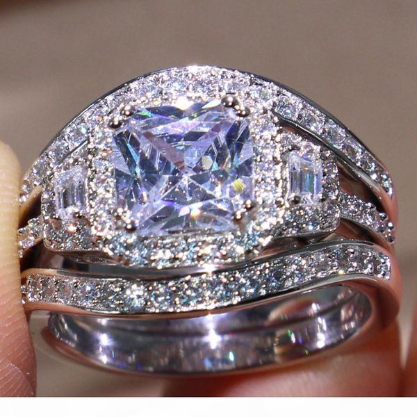 

size 5-11 jewelry pave setting princess cut 14kt white gold filled gf simulated diamond z 3 in 1 women wedding engagement ring set gift, Slivery;golden