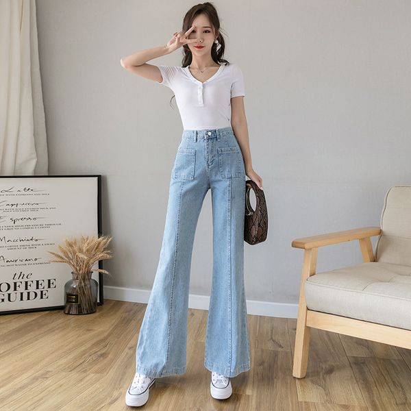 

women's jeans 2020 summer new jeans women's high-waist straight leg lengthened mopping pants loose and thin wide-leg pants, Blue