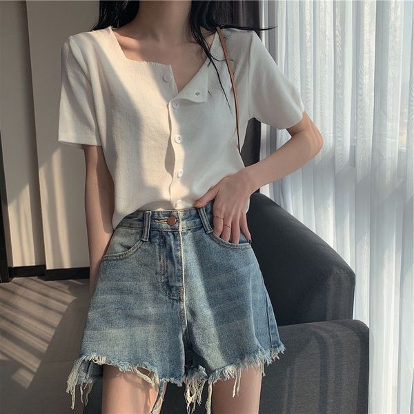 

spring and summer 2020 new loose thin ice silk bottoming women's short cardigan short sleeve t-shirt knitwear knitwear, White