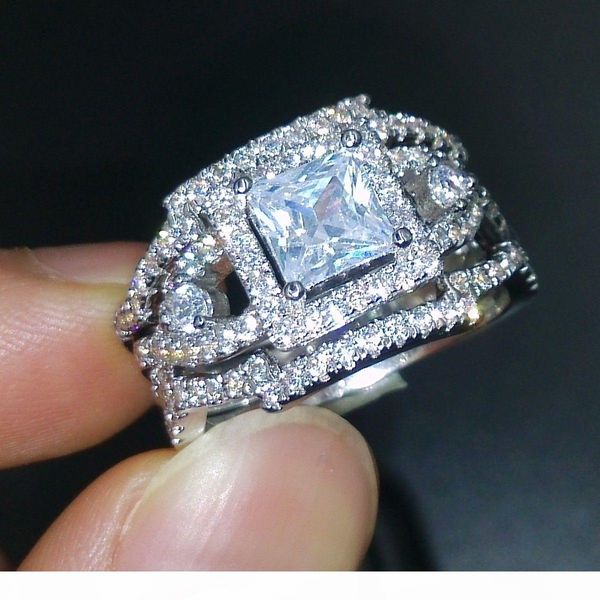 

vintage professional jewelry princess cut 925 sterling silver filled white sapphire simulated diamond 3 in 1wedding engagement band ring, Slivery;golden
