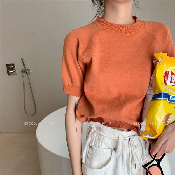 

knit sweater 2020 new korean summer wild slim short puff sleeve women casual fashion simple o-neck female pullover, White;black