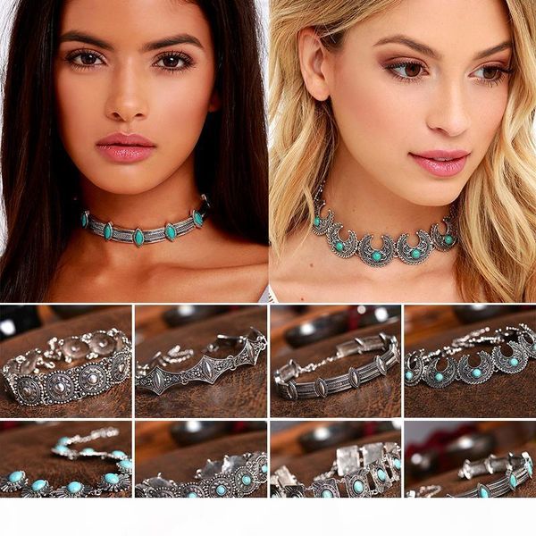 

wholesale-boho collar choker silver necklace statement jewelry vintage ethnic bohemia style turquoise beads neck for women #83377, Golden;silver