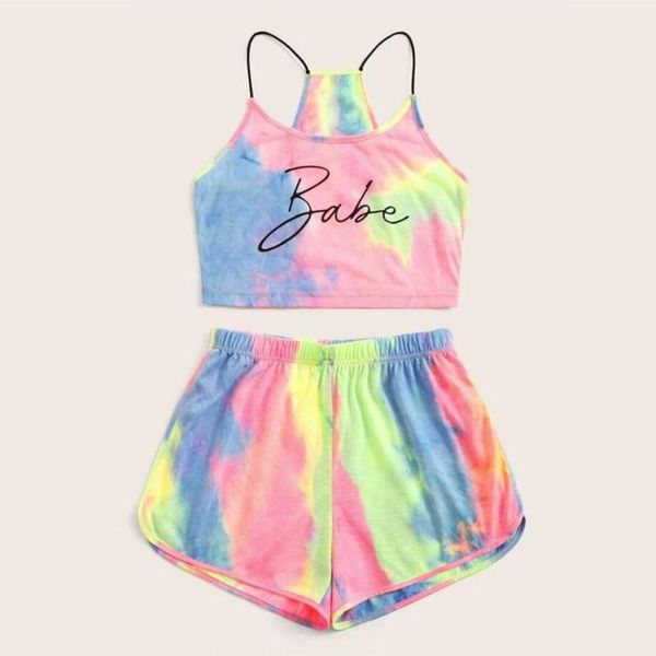 

women tie-dye letters 2 pcs outfits set tie-dye suit gradient neon rainbow cami crop horts sports tracksuit streetwear, White;black