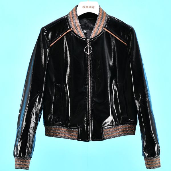 

england locomotive style glossy shiny patent leather jacket female streetstyle great quality waterproof leather jackets f2007, Black