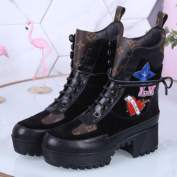 

women shoes winter luxury leather lace -up booties laureate platform desert boot bottes femmes womens shoes casual chaussures de femme, Black