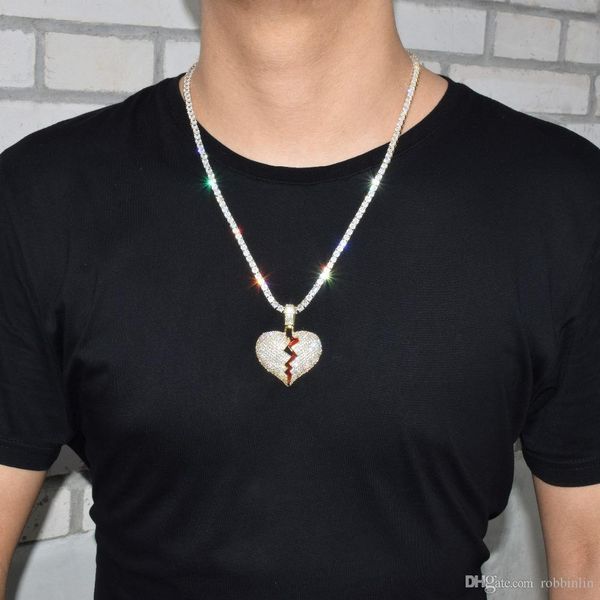 

trendy red broken heart pendant hip hop statement necklace with full rhinestones gold silver chain for men women 2 colors 1 pc
