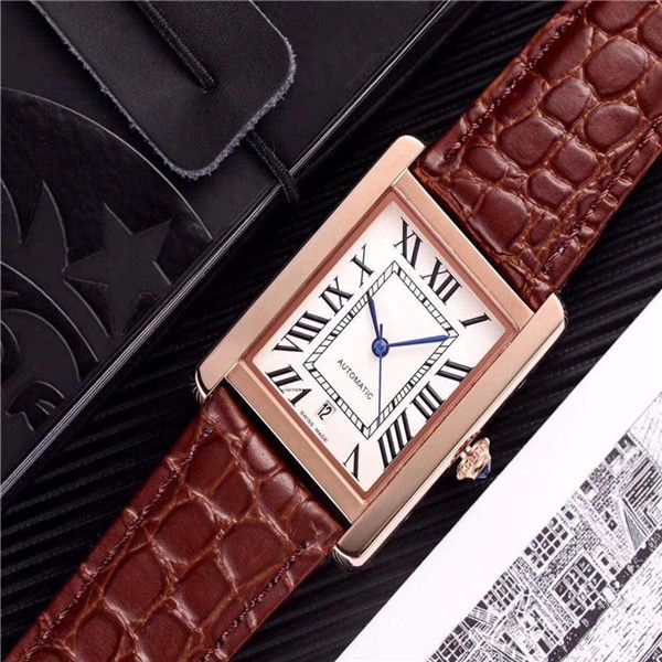 

men's automatic sport watch tank series leather strap 001 men's mechanical automatic watches analog auto date folding buckle, Slivery;brown