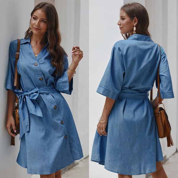 

casual cowboy shirt dress women 2020 autumn v neck half sleeve bandage split dress ladies loose button knee-length dresses, Black;gray