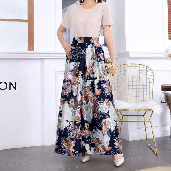 

floral long skirts for women 2020 jupe vintage high waist summer skirts womens swing floor length plus size maxi skirt, Black