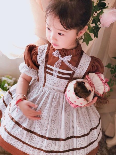 

1-10y baby girls coffee vintage spanish pompom gown lace lolita dress princess dress for girls christmas birthday party dress t200709, Red;yellow