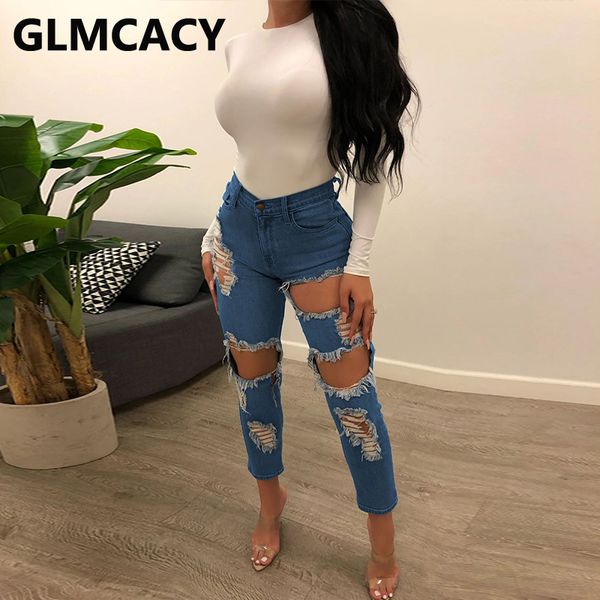 

women ripped denim pants slim pencil jeans chic streetwear blue denim trousers