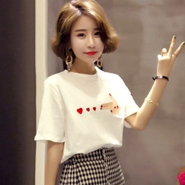 

foreign trade supply d generation summer new love embroidered round neck base shirt loose short-sleeved t-shirt women, White;black