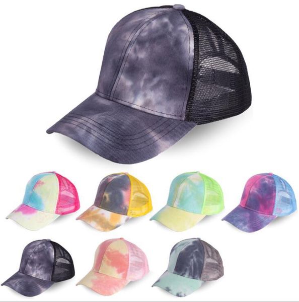 

female sport hats fashion tie-dye mesh ponytail baseball caps adjustable outdoor sunscreen snapback caps for female 7 colors, Blue;gray