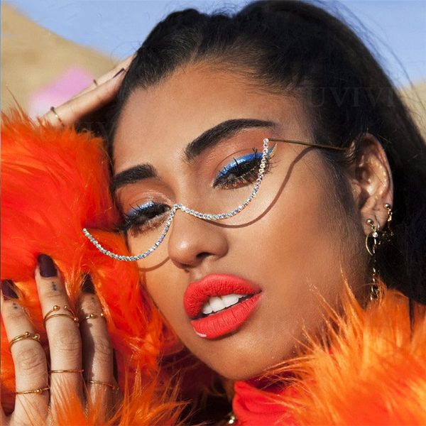 

ahora 2020 crystal half frame cat eye glasses frame women punk eyeglasses without lens eyeglasses for lady's fashion, Black