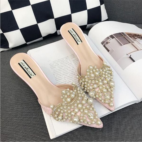 

new women sweet pearl rhinestones high heels shoes for ladies pointed toes shoes pink and beige sandal shoes size 35-39 ing, Black